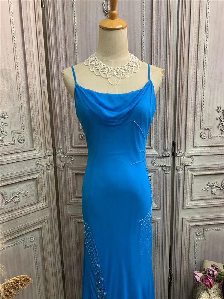 Sheen Spaghetti Strap Blue Prom Dress Beads Sequins Mermaid Party Dress AP7174