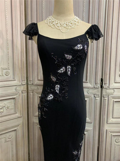 Alluring Ruffles Spaghetti Strap Black Prom Dress Appliques Beads Mermaid Formal Dress AP7175
