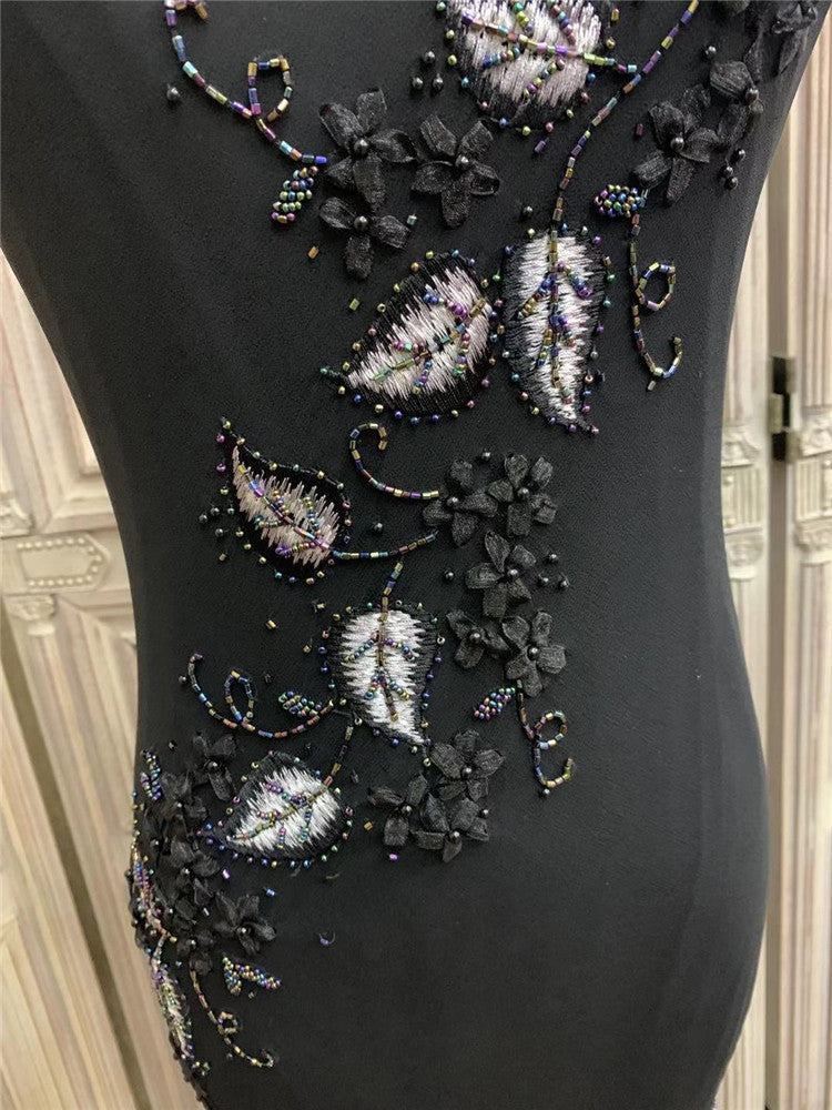 Alluring Ruffles Spaghetti Strap Black Prom Dress Appliques Beads Mermaid Formal Dress AP7175