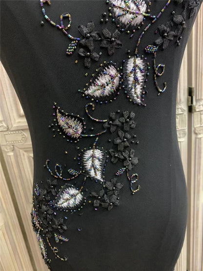 Alluring Ruffles Spaghetti Strap Black Prom Dress Appliques Beads Mermaid Formal Dress AP7175
