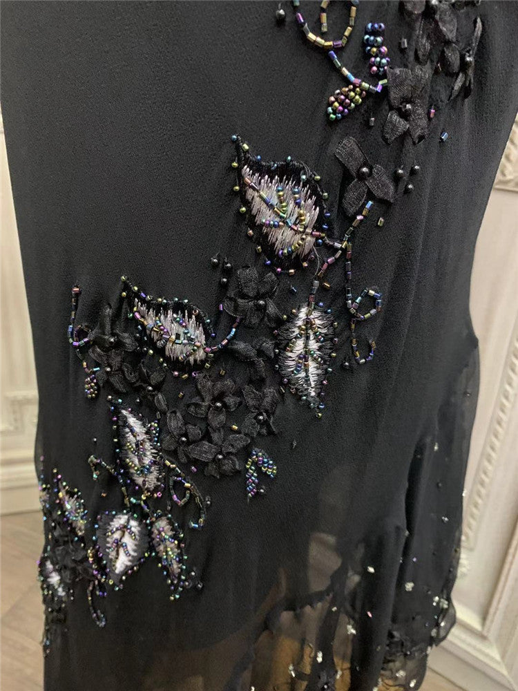 Alluring Ruffles Spaghetti Strap Black Prom Dress Appliques Beads Mermaid Formal Dress AP7175