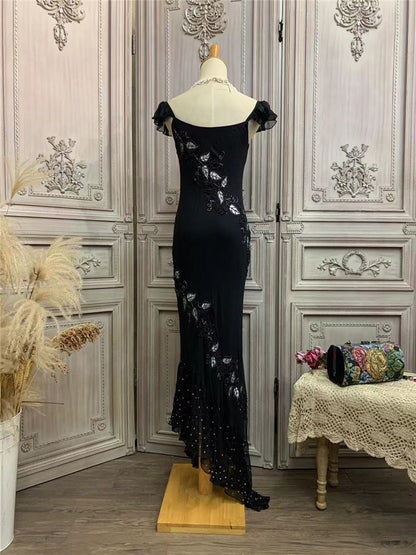 Alluring Ruffles Spaghetti Strap Black Prom Dress Appliques Beads Mermaid Formal Dress AP7175