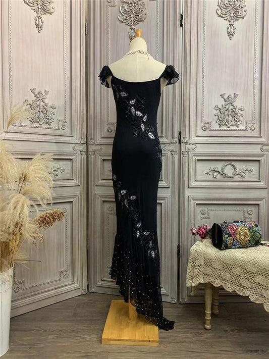 Alluring Ruffles Spaghetti Strap Black Prom Dress Appliques Beads Mermaid Formal Dress AP7175