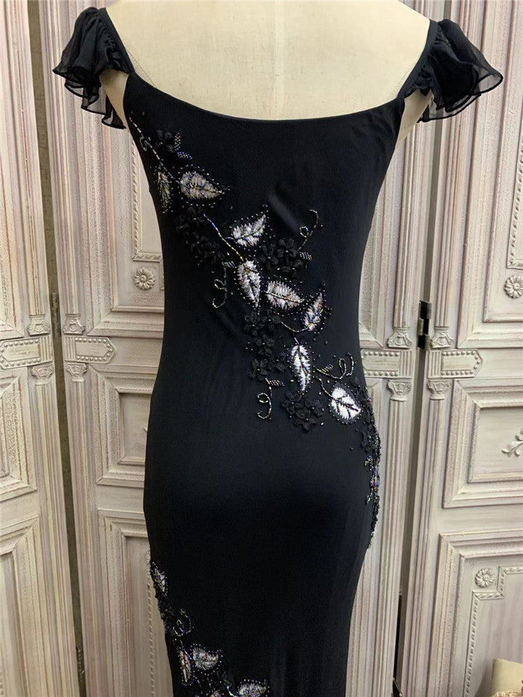 Alluring Ruffles Spaghetti Strap Black Prom Dress Appliques Beads Mermaid Formal Dress AP7175