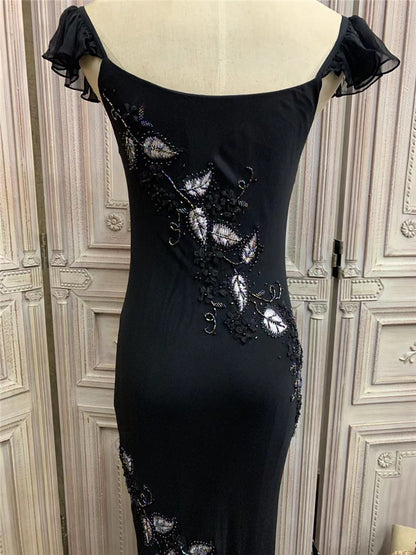 Alluring Ruffles Spaghetti Strap Black Prom Dress Appliques Beads Mermaid Formal Dress AP7175