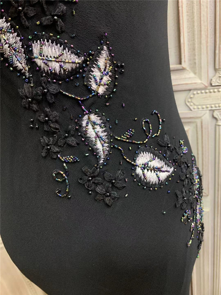 Alluring Ruffles Spaghetti Strap Black Prom Dress Appliques Beads Mermaid Formal Dress AP7175