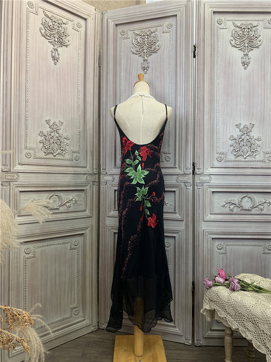 Gorgeous Spaghetti Strap Tulle Black Prom Dress Beads Appliques Mermaid Formal Dress AP7176