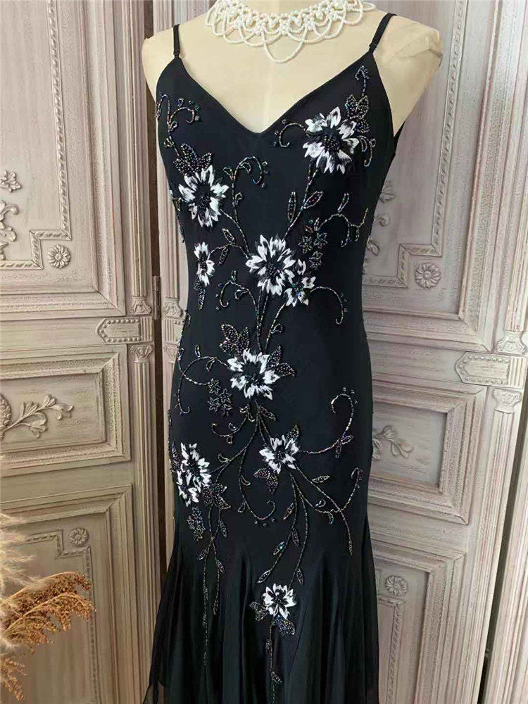 Glam Beads Appliques Mermaid Prom Dress Spaghetti Strap Black Formal Dress AP7177