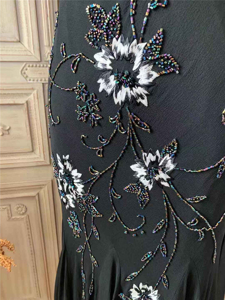 Glam Beads Appliques Mermaid Prom Dress Spaghetti Strap Black Formal Dress AP7177