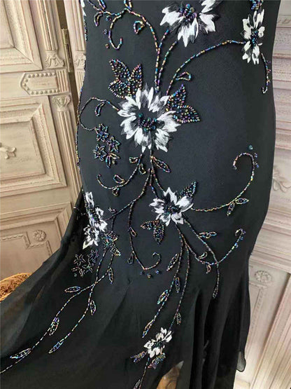 Glam Beads Appliques Mermaid Prom Dress Spaghetti Strap Black Formal Dress AP7177