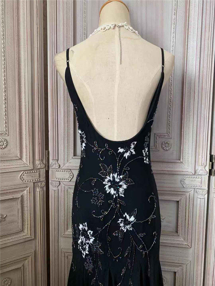 Glam Beads Appliques Mermaid Prom Dress Spaghetti Strap Black Formal Dress AP7177