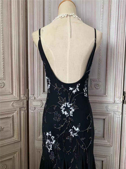 Glam Beads Appliques Mermaid Prom Dress Spaghetti Strap Black Formal Dress AP7177