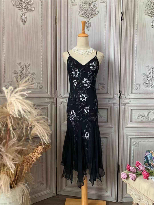 Glam Beads Appliques Mermaid Prom Dress Spaghetti Strap Black Formal Dress AP7177