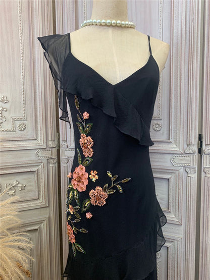 Stunning Spaghetti Strap Sequins Beads Prom Dress Black Sheath Evening Dress AP7179