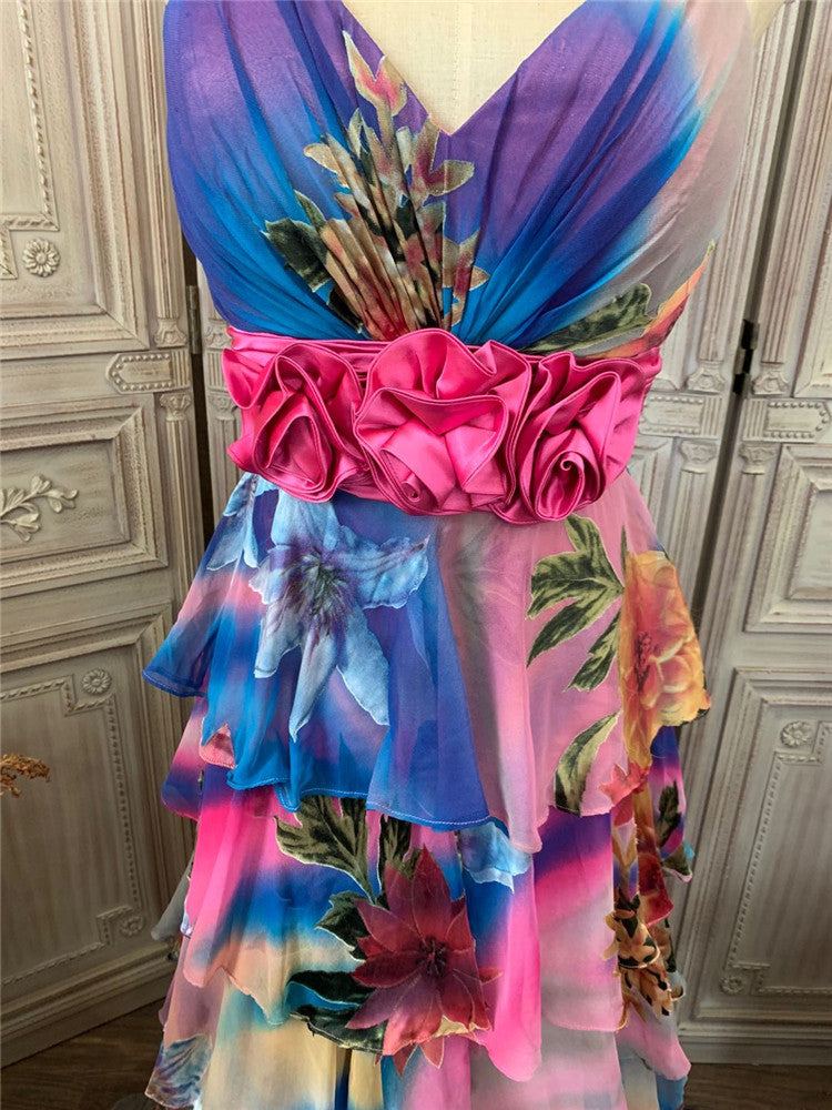 Unique Floral Spaghetti Strap Tiered Prom Dress Appliques A-Line Evening Dress AP7181