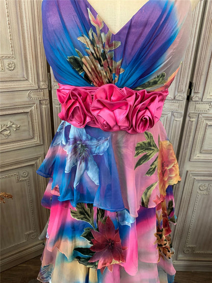 Unique Floral Spaghetti Strap Tiered Prom Dress Appliques A-Line Evening Dress AP7181