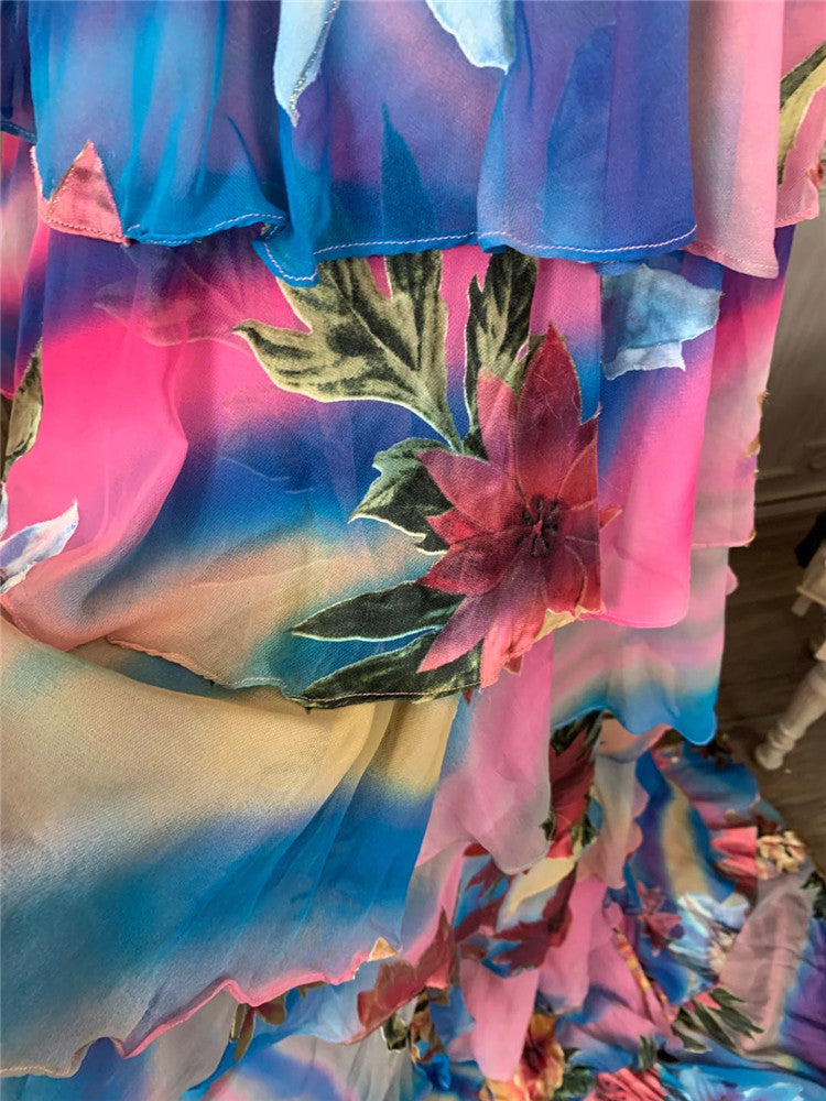Unique Floral Spaghetti Strap Tiered Prom Dress Appliques A-Line Evening Dress AP7181