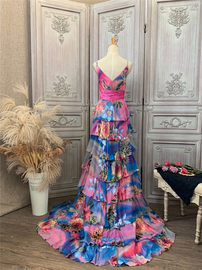 Unique Floral Spaghetti Strap Tiered Prom Dress Appliques A-Line Evening Dress AP7181