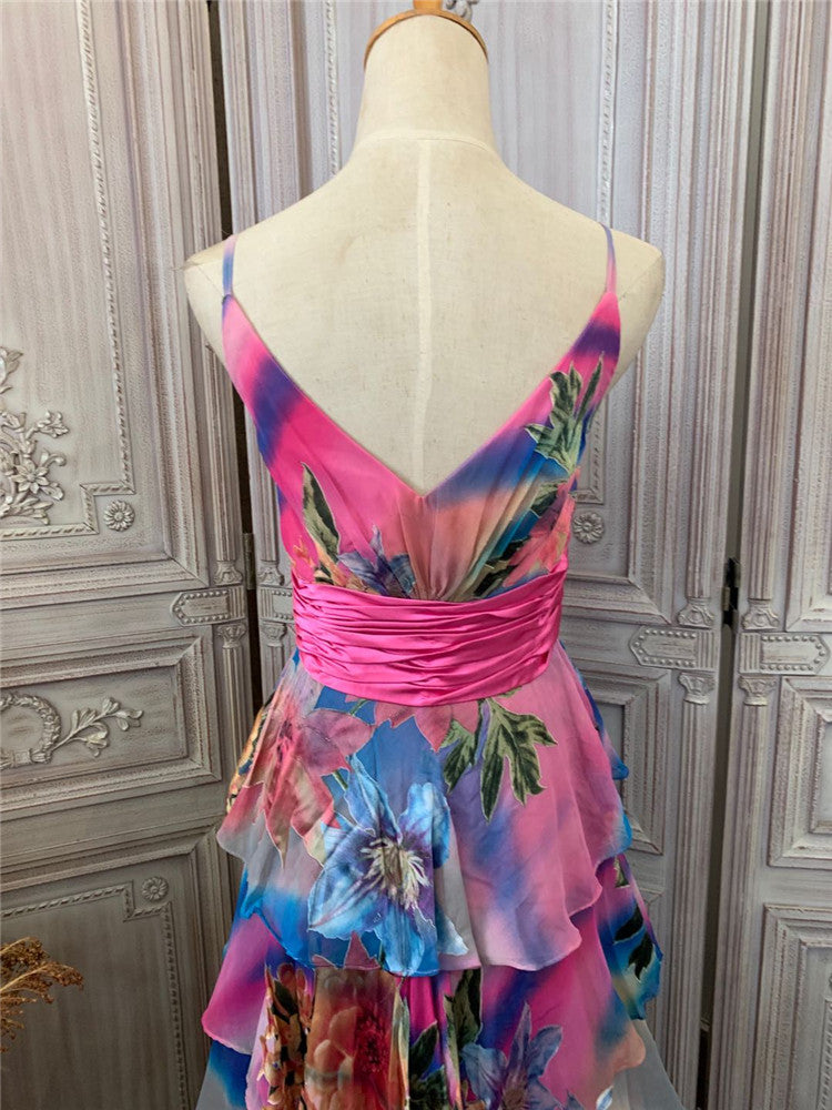 Unique Floral Spaghetti Strap Tiered Prom Dress Appliques A-Line Evening Dress AP7181