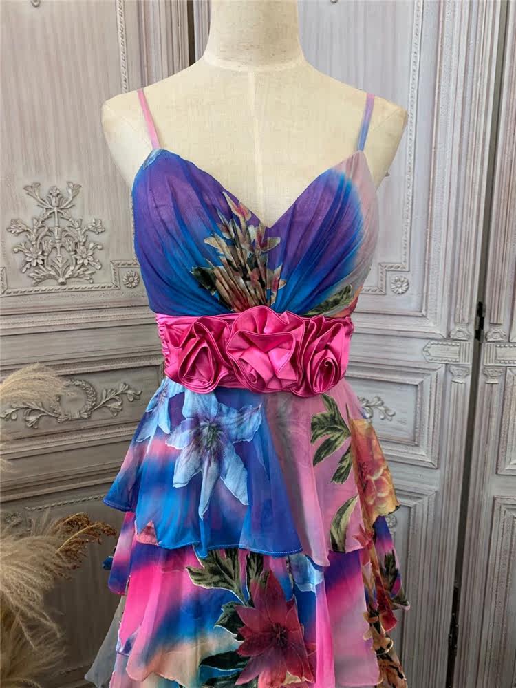Unique Floral Spaghetti Strap Tiered Prom Dress Appliques A-Line Evening Dress AP7181