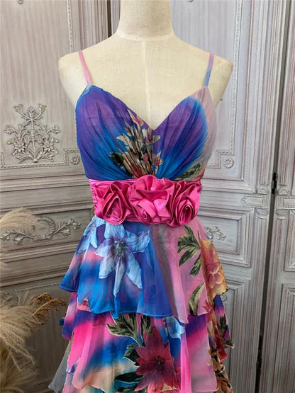 Unique Floral Spaghetti Strap Tiered Prom Dress Appliques A-Line Evening Dress AP7181