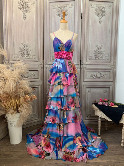 Unique Floral Spaghetti Strap Tiered Prom Dress Appliques A-Line Evening Dress AP7181