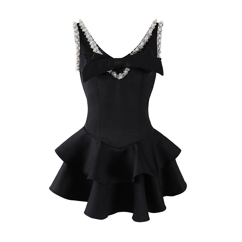 Vibrant Crystal Bow A-Line Mini Skirt Chic Satin Structured Corset Tiered Ruffle Short Dress AP7182