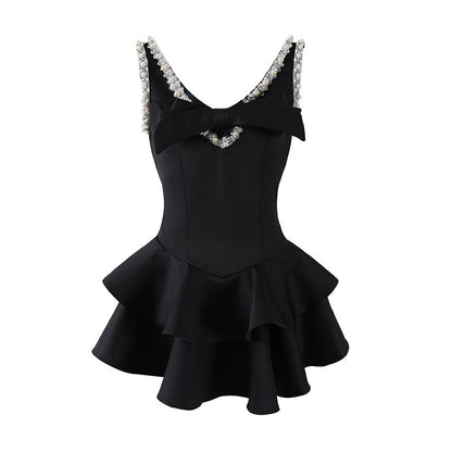 Vibrant Crystal Bow A-Line Mini Skirt Chic Satin Structured Corset Tiered Ruffle Short Dress AP7182