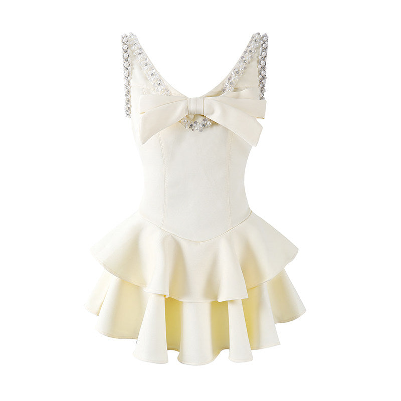 Vibrant Crystal Bow A-Line Mini Skirt Chic Satin Structured Corset Tiered Ruffle Short Dress AP7182