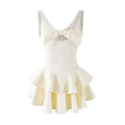 Vibrant Crystal Bow A-Line Mini Skirt Chic Satin Structured Corset Tiered Ruffle Short Dress AP7182