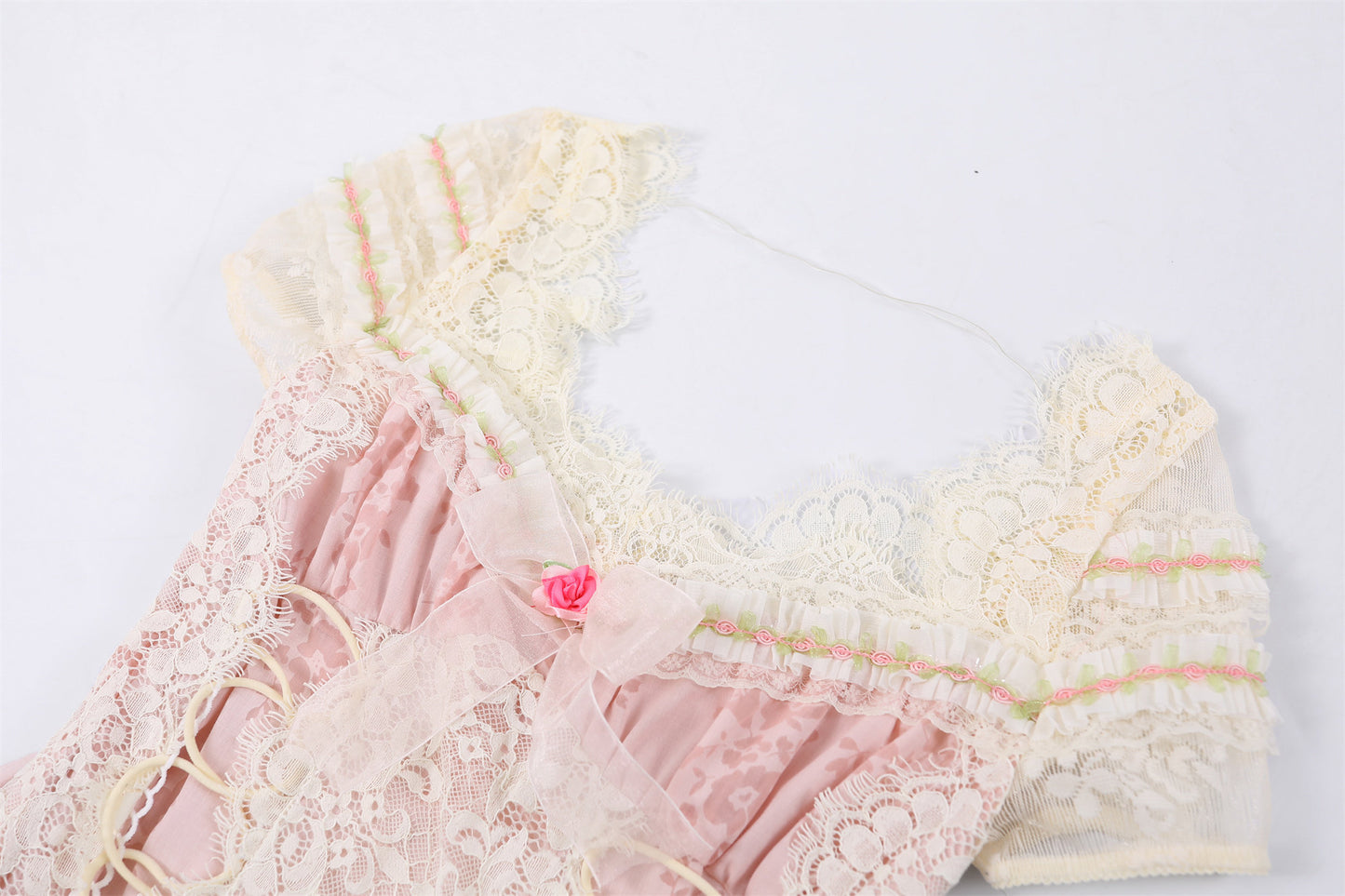 Fashionable Pink Lace Floral Accents A-Line Maxi Skirt Romantic Corset Lace-Up Floral Accents Short Sleeve Long Dress AP7183