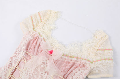 Fashionable Pink Lace Floral Accents A-Line Maxi Skirt Romantic Corset Lace-Up Floral Accents Short Sleeve Long Dress AP7183