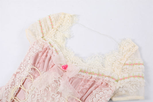 Fashionable Pink Lace Floral Accents A-Line Maxi Skirt Romantic Corset Lace-Up Floral Accents Short Sleeve Long Dress AP7183