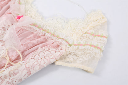 Fashionable Pink Lace Floral Accents A-Line Maxi Skirt Romantic Corset Lace-Up Floral Accents Short Sleeve Long Dress AP7183