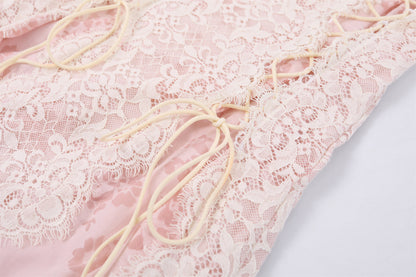 Fashionable Pink Lace Floral Accents A-Line Maxi Skirt Romantic Corset Lace-Up Floral Accents Short Sleeve Long Dress AP7183