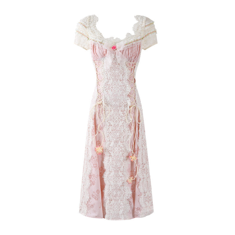 Fashionable Pink Lace Floral Accents A-Line Maxi Skirt Romantic Corset Lace-Up Floral Accents Short Sleeve Long Dress AP7183