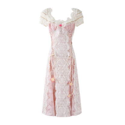 Fashionable Pink Lace Floral Accents A-Line Maxi Skirt Romantic Corset Lace-Up Floral Accents Short Sleeve Long Dress AP7183