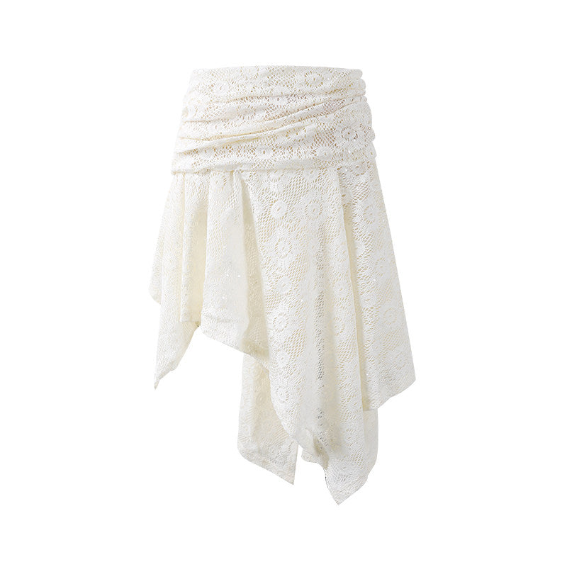 French Style Halter Top Chain Accent Asymmetrical Mini Skirt Ethereal White Lace Two-Piece Outfit A-Line Short Dress AP7184