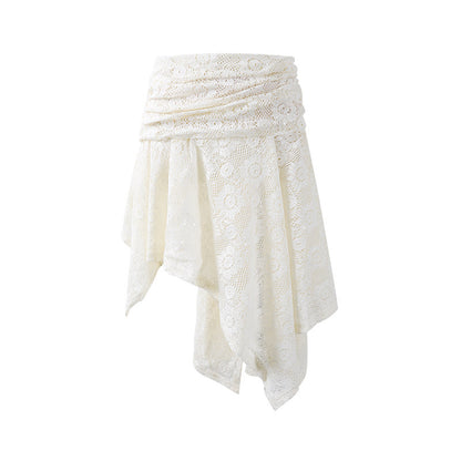 French Style Halter Top Chain Accent Asymmetrical Mini Skirt Ethereal White Lace Two-Piece Outfit A-Line Short Dress AP7184