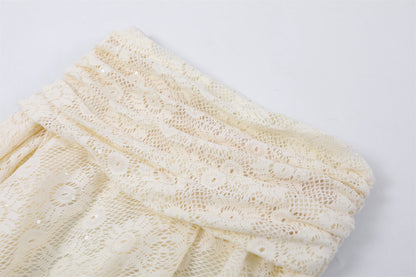 French Style Halter Top Chain Accent Asymmetrical Mini Skirt Ethereal White Lace Two-Piece Outfit A-Line Short Dress AP7184
