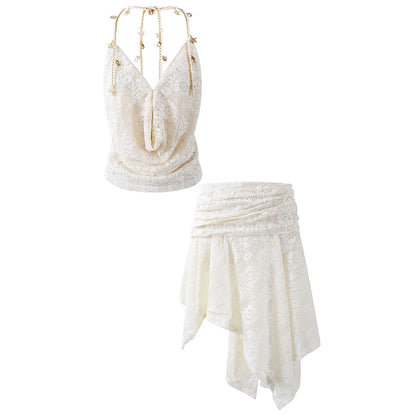 French Style Halter Top Chain Accent Asymmetrical Mini Skirt Ethereal White Lace Two-Piece Outfit A-Line Short Dress AP7184