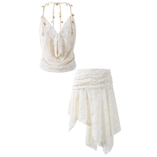 French Style Halter Top Chain Accent Asymmetrical Mini Skirt Ethereal White Lace Two-Piece Outfit A-Line Short Dress AP7184
