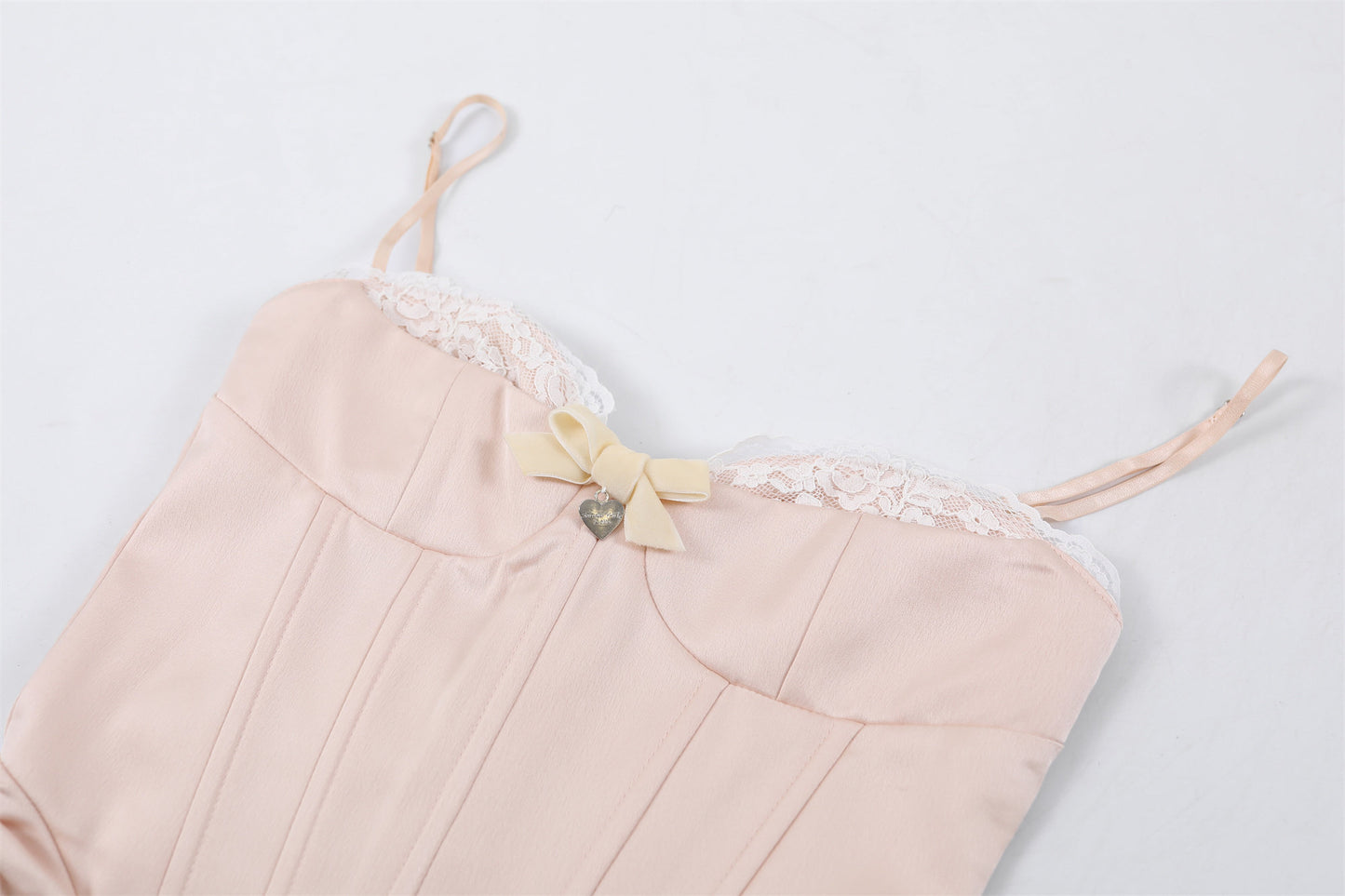 Minimalist Satin Ruched Sheath Mini Skirt Girly Pink Spaghetti Strap Corset Bow Detail Short Dress AP7185