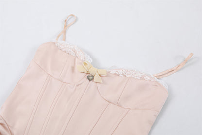 Minimalist Satin Ruched Sheath Mini Skirt Girly Pink Spaghetti Strap Corset Bow Detail Short Dress AP7185