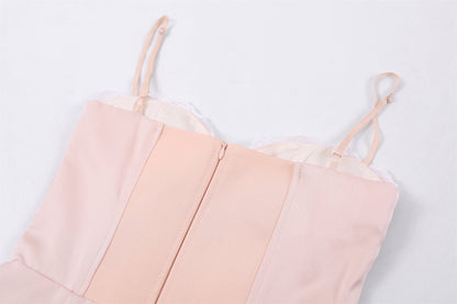 Minimalist Satin Ruched Sheath Mini Skirt Girly Pink Spaghetti Strap Corset Bow Detail Short Dress AP7185