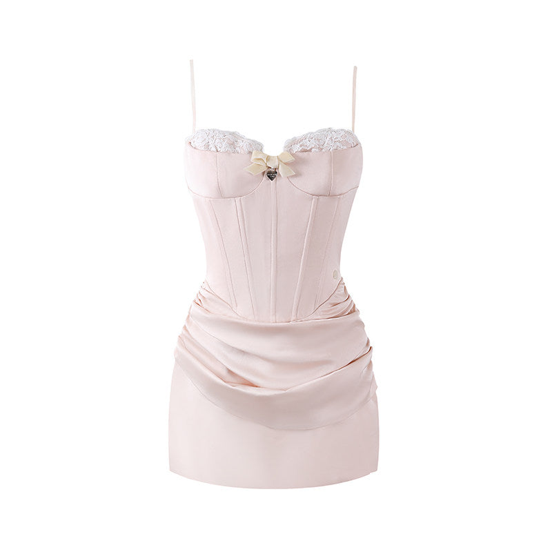Minimalist Satin Ruched Sheath Mini Skirt Girly Pink Spaghetti Strap Corset Bow Detail Short Dress AP7185