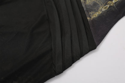 Simple Black Buckle Belt Long Sleeves Mermaid Maxi Dress Elegant Sheer Mesh V-Neck Ruched Waist Long Dress AP7186