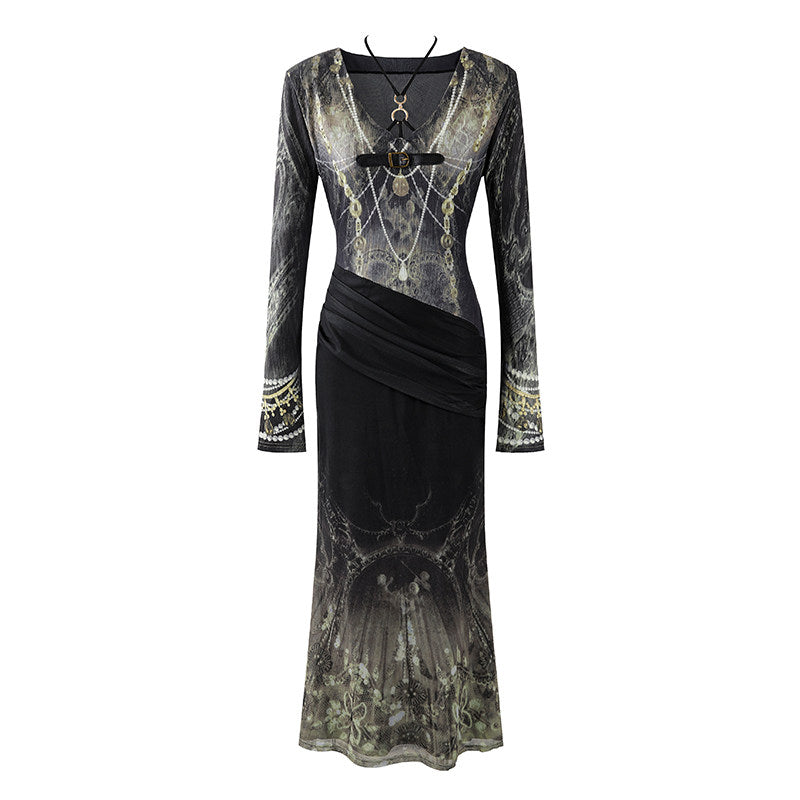 Simple Black Buckle Belt Long Sleeves Mermaid Maxi Dress Elegant Sheer Mesh V-Neck Ruched Waist Long Dress AP7186