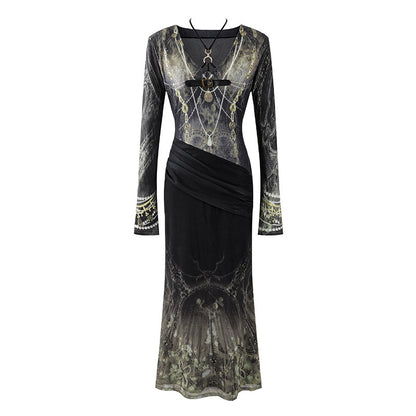 Simple Black Buckle Belt Long Sleeves Mermaid Maxi Dress Elegant Sheer Mesh V-Neck Ruched Waist Long Dress AP7186