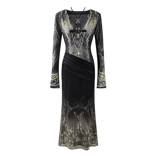Simple Black Buckle Belt Long Sleeves Mermaid Maxi Dress Elegant Sheer Mesh V-Neck Ruched Waist Long Dress AP7186
